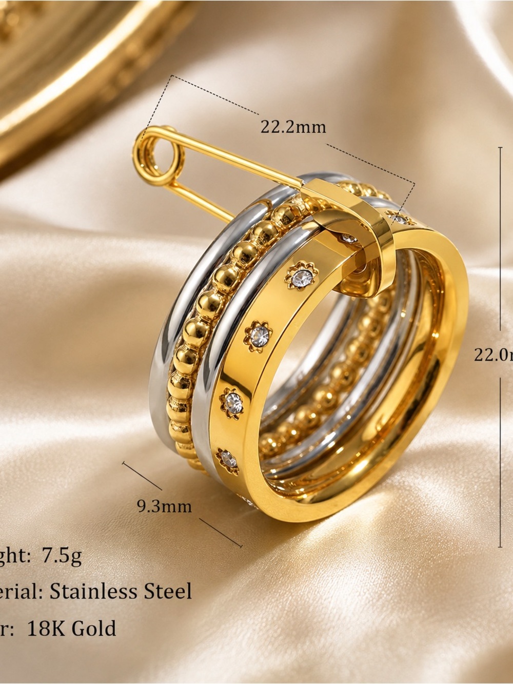 18K Gold Plated Stainless Steel Safety Pin Statement Ring Two Tone Crystal